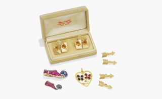 A pair of double-sided arrow cufflinks, double-sided citrine cufflinks and a couple of delectable ‘pom pom’ slipper brooches set with saphhires and rubies and, in the case of the larger one, brilliant-cut diamonds at Bonhams