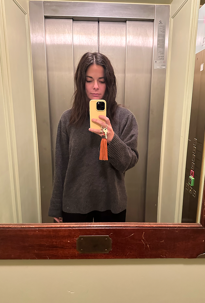 Monica Mendal in an elevator at the Experimental Chalet Verbier in the Swiss Alps.