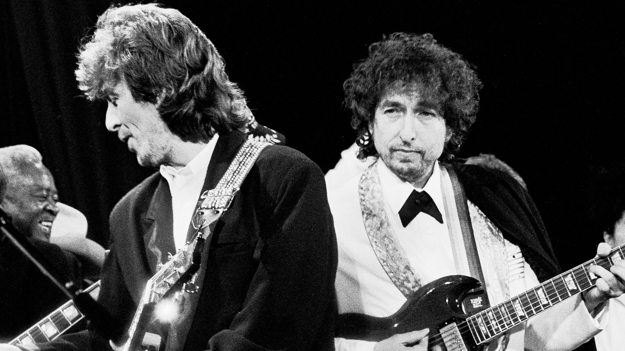 George Harrison (1943 - 2001) and Bob Dylan in 1988