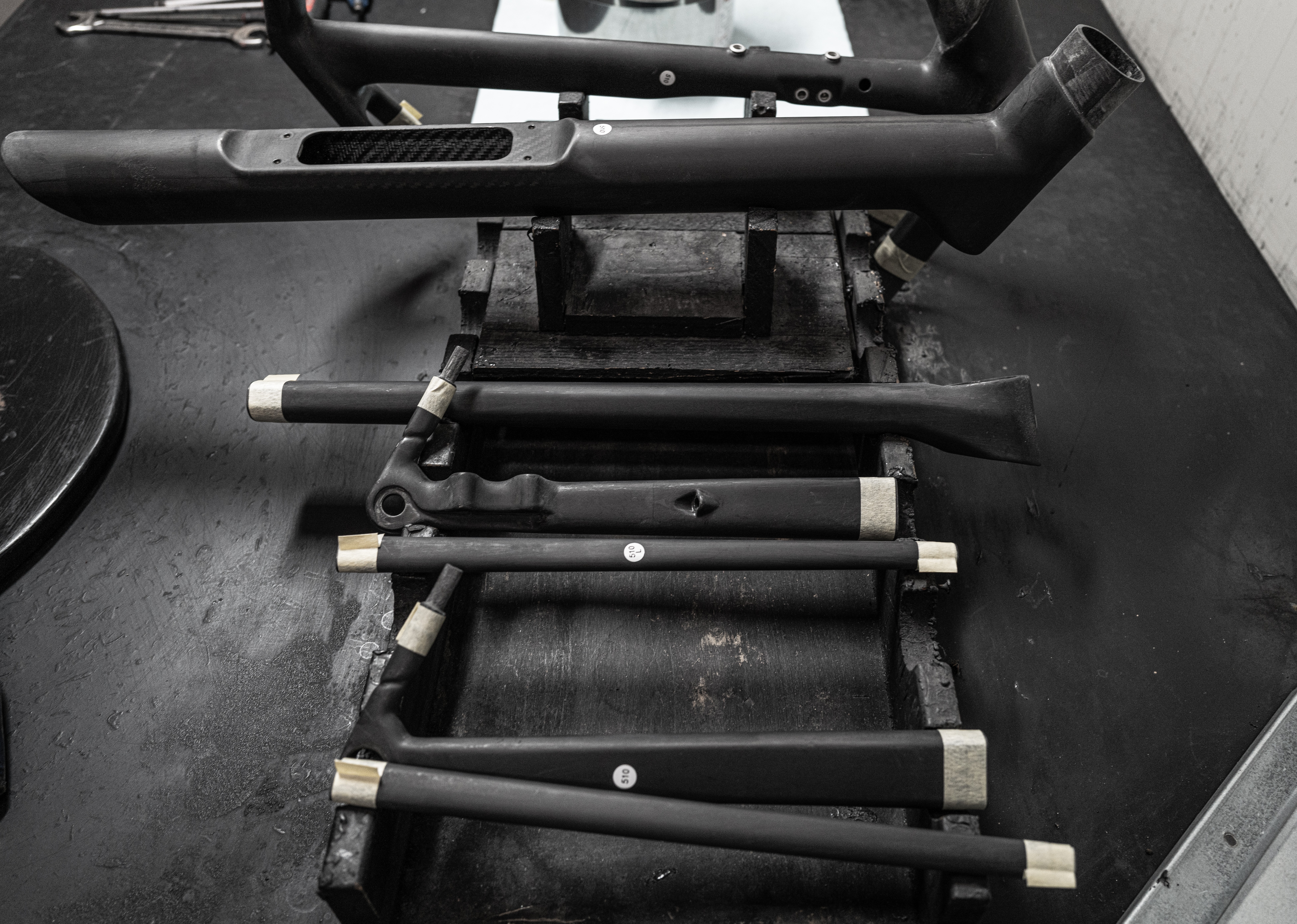 Colnago C72 frame pieces before construction