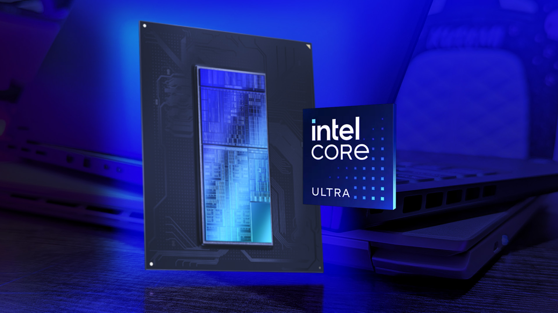Intel Core Ultra mobile processor with gaming laptops in the background