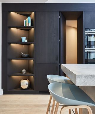 Black contemporary kitchen with a hidden door