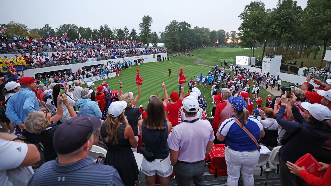 Alison Corpuz takes a tee shot in the Friday morning foursomes at the Solheim Cup