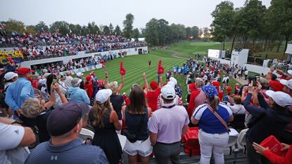 Alison Corpuz takes a tee shot in the Friday morning foursomes at the Solheim Cup