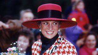 Princess Diana wears a Moschino Houndstooth jacket and hat, while attending a Christening at Sandringham Church