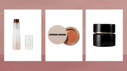 Collage of three of the best cream foundations featured in this guide from (left to right) Fenty Beauty, Jones Road and SUQQU, set in vertical boxes against a dark pink watercolour-style background