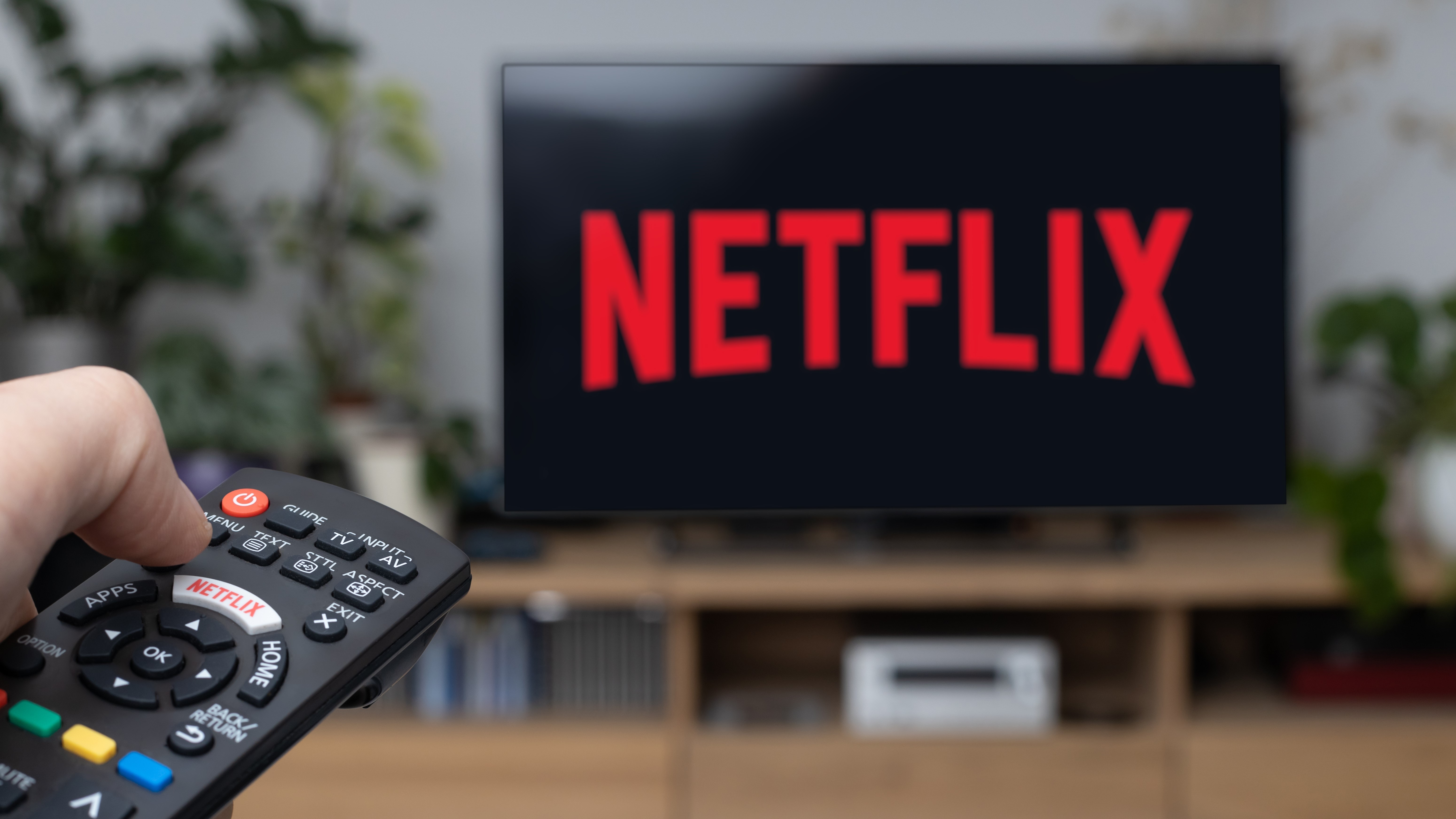 Netflix logo on TV screen with viewer holding remote control