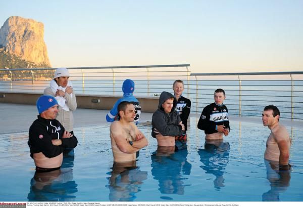 Garmin-Barracuda riders recover in the pool after a January training ride in Calpe, Spain