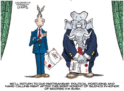 Political cartoon U.S. Democrats Republicans partisan name-calling George H.W. Bush moment of silence