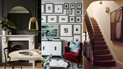 A dark and moody dining room, a living room with a black and white gallery wall, and a neutral entryway with a brown piece of artwork