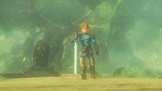 Link pulls the Master Sword from the ground