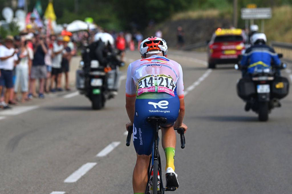 NIMES FRANCE JULY 16 Thomas Gachignard of France and Team TotalEnergies competes in the breakaway during the 111th Tour de France 2024 Stage 16 a 1886km stage from Gruissan to Nimes UCIWT on July 16 2024 in Nimes France Photo by Dario BelingheriGetty Images