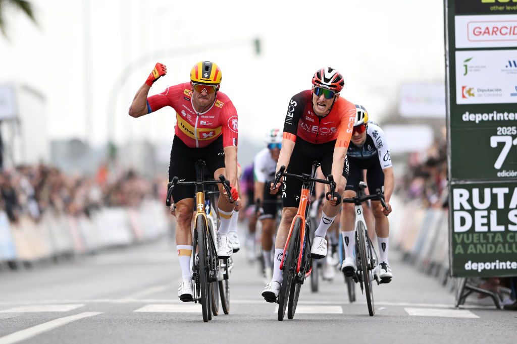 POZOBLANCO SPAIN FEBRUARY 21 Alexander Kristoff of Norway and Team UnoX Mobility celebrates at finish line as stage winner ahead of Ben Turner of Great Britain and Team INEOS Grenadiers during the 71st Vuelta a Andalucia Ruta Ciclista Del Sol 2025 Stage 3 a 1621km stage from Arjona to Pozoblanco on February 21 2025 in Pozoblanco Spain Photo by Szymon GruchalskiGetty Images