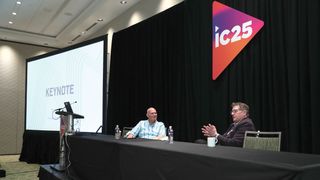 Joe Way (l) and Tim Albright discuss higher-ed technology at InfoComm.