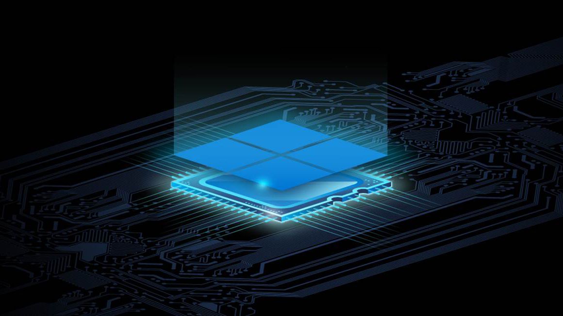 Abstract image of the Microsoft logo ontop of a glowing processor