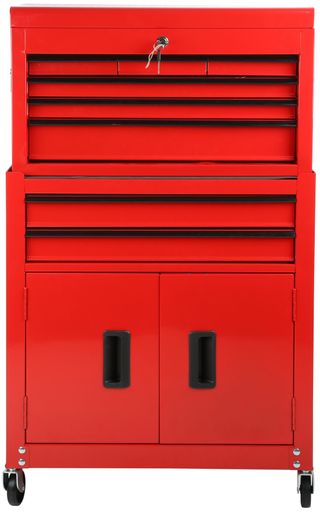 a bright red tool cabinet with doors and drawers