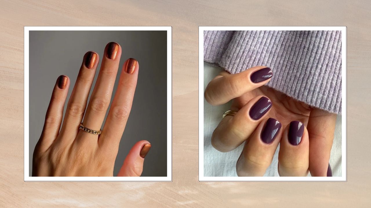 On the right, a hand with metallic copper nails by nail artist Mateja Novakovic/ @matejanova   and on the left, a hand with a dark purple manicure by nail artist Megan Rose/ @gel.bymegan/ in a beige to grey sunset-style template