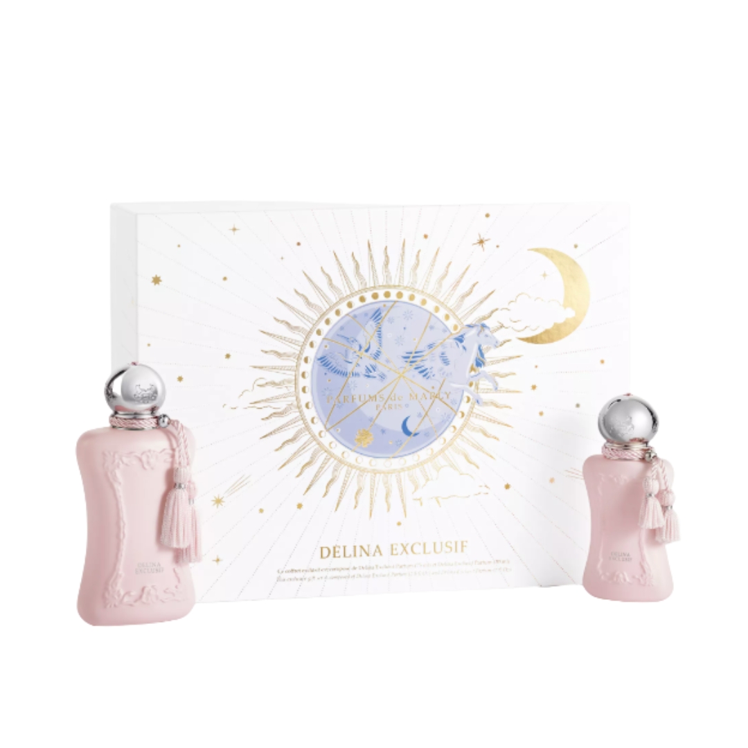A product shot of the Parfums de Marly Coffret Delina Exclusive Festive Set, on a white background