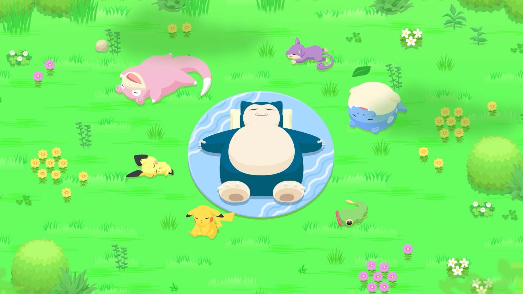 Pokémon Sleep: Snorlax surrounded by various sleeping Pokémon.