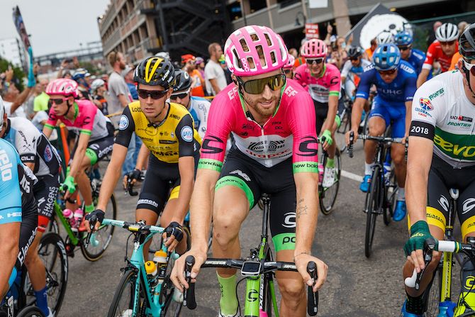Taylor Phinney (EF Education First-Drapac) at the front of the bunch during the morning rollout of stage 3 in Denver at the 2018 Colorado Classic