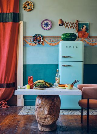 colorful kitchen with pastel fridge