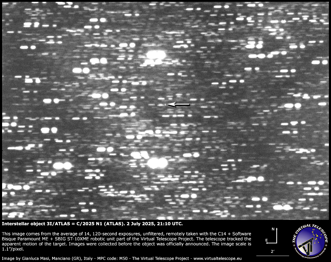a monochrome image with a white arrow pointing at the new interstellar visitor against a background of stars.