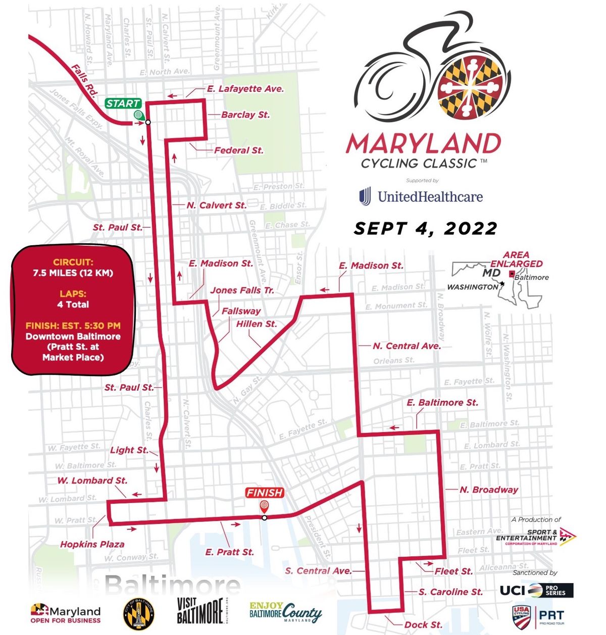 2022 Maryland Cycling Classic's route will conclude with 4.5 circuits of 12 km each in Baltimore