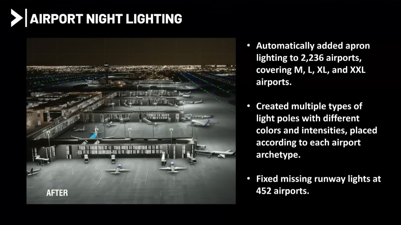 A screenshot from the Microsoft Flight Simulator 2024 presentation at FSExpo 2026 detailing lighting updates in Sim Update 6.