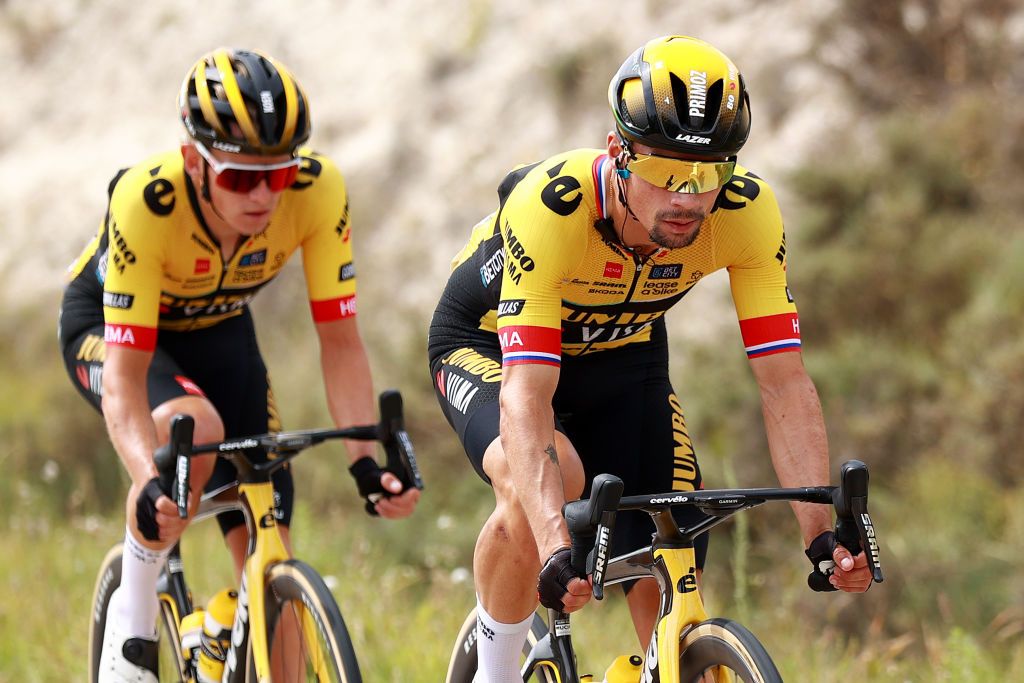 BURGOS SPAIN AUGUST 15 Primo Roglic of Slovenia and Team JumboVisma competes during the 45th Vuelta a Burgos 2023 Stage 1 a 161km stage from Villalba de Duero to Burgos on August 15 2023 in Burgos Spain Photo by Gonzalo Arroyo MorenoGetty Images