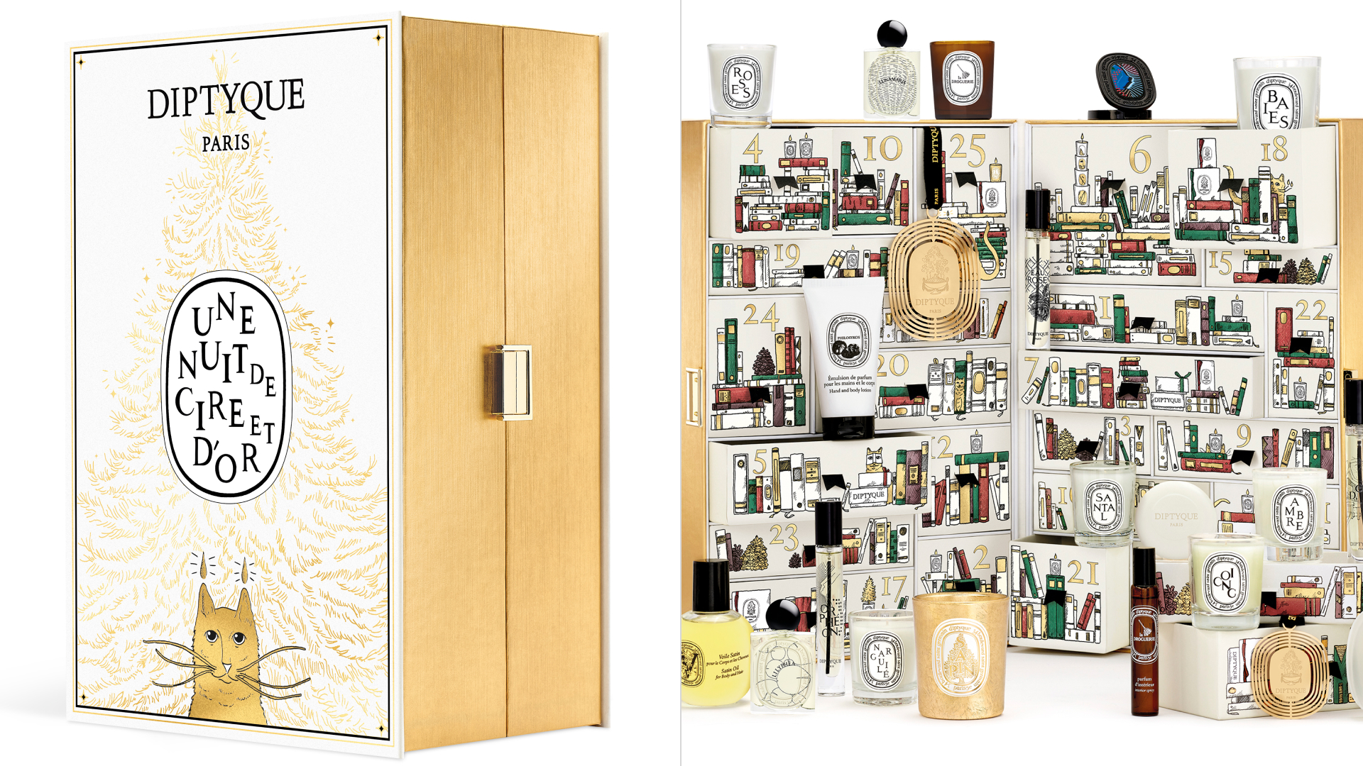 Split image of diptyque 2025 advent calendar packaging and with products laid out