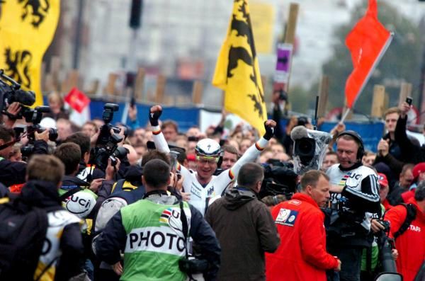 Martin gets mobbed at the finish
