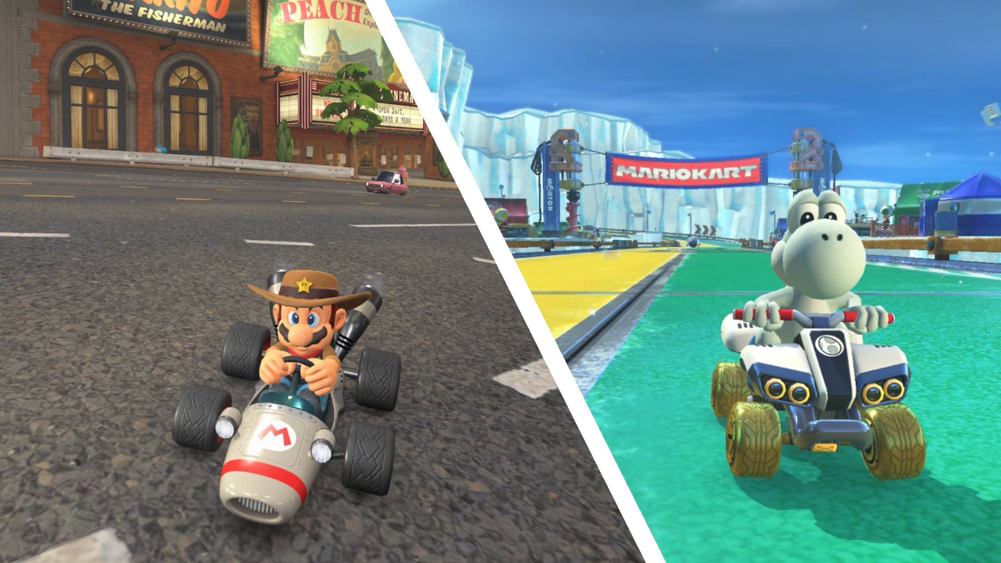 Mario in Mario Kart World alongside Yoshi in Mario Kart 8 Deluxe