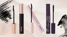 Collage of 3 of the best Korean mascaras featured in this guide from (left to right) Heimish, Peripera and Mizon, set against a pale pink marble effect background with 2 mascara swatches