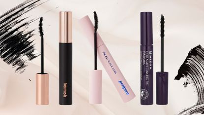 Collage of 3 of the best Korean mascaras featured in this guide from (left to right) Heimish, Peripera and Mizon, set against a pale pink marble effect background with 2 mascara swatches