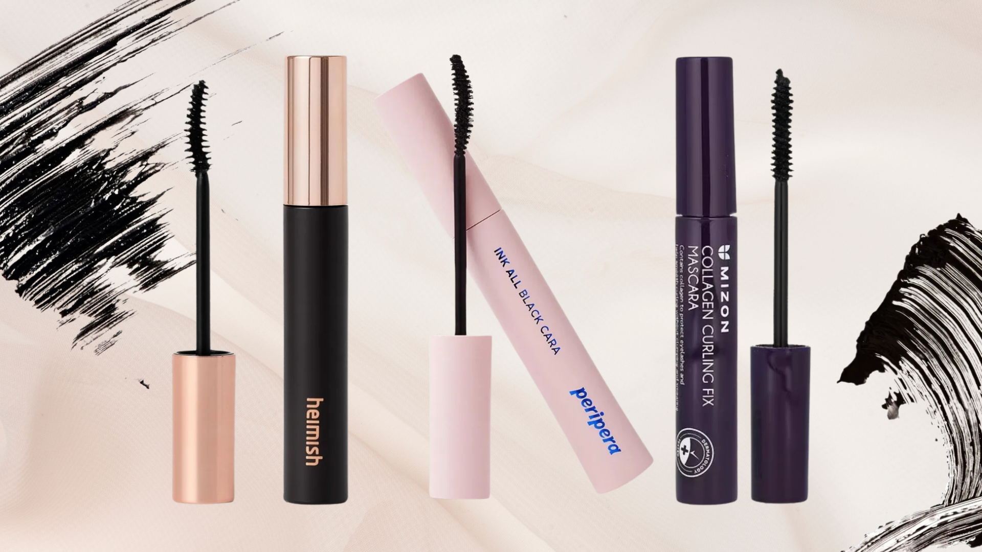 Collage of 3 of the best Korean mascaras featured in this guide from (left to right) Heimish, Peripera and Mizon, set against a pale pink marble effect background with 2 mascara swatches