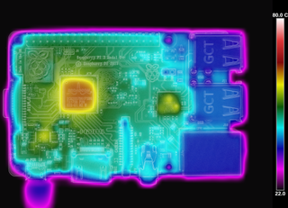 Thermal image of Raspberry Pi 3 B+. (Credit: Gareth Halfacree)