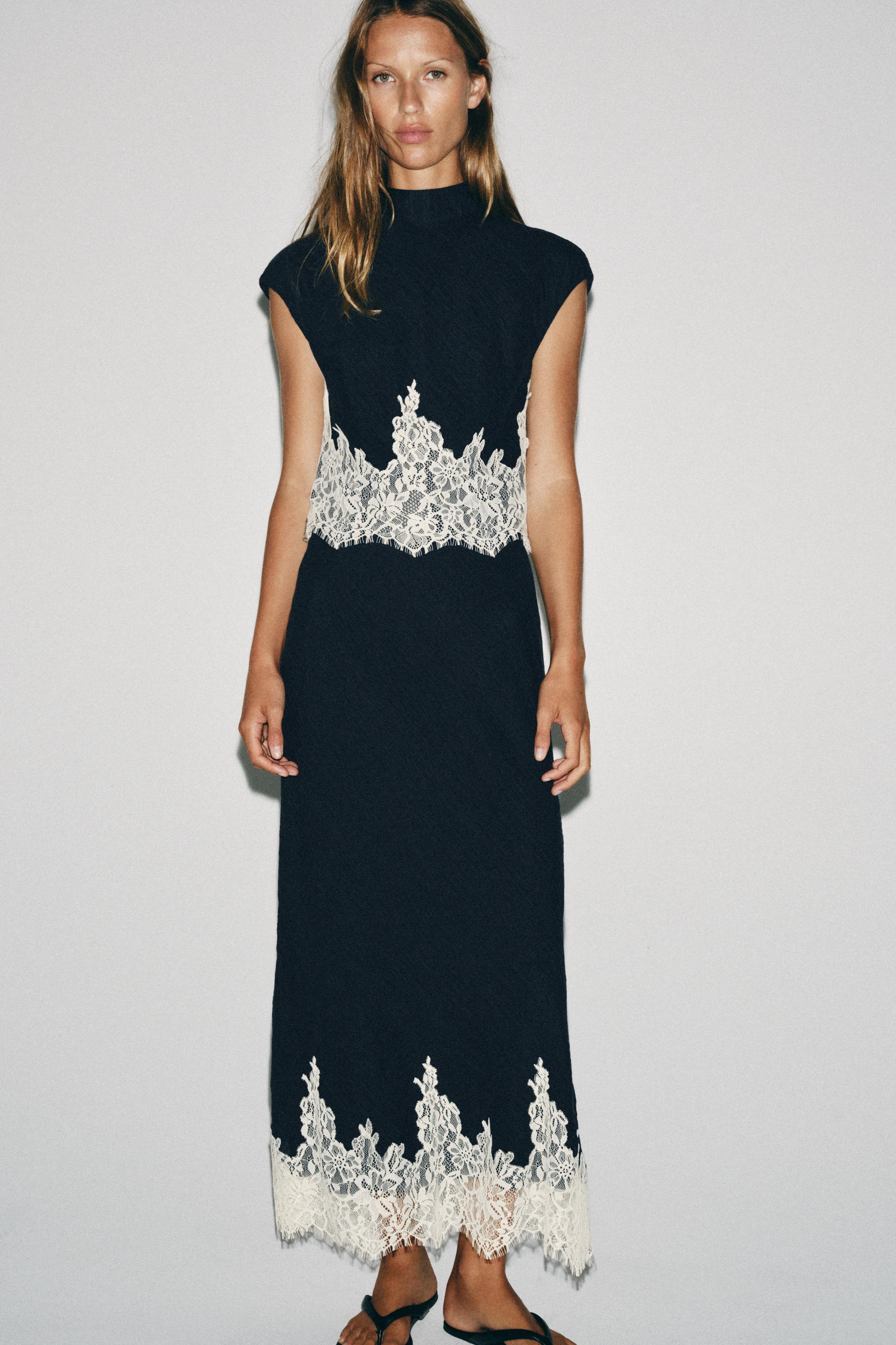 Lace Trim Midi Skirt - Navy / White - Xs