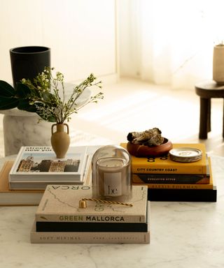 A coffee table styled with books, a plant, and a candle