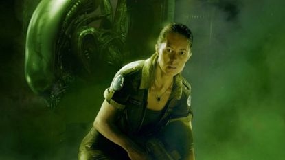 A woman standing low with a gun from the Alien universe, while a Xenomorph is superimposed behind her on a green background