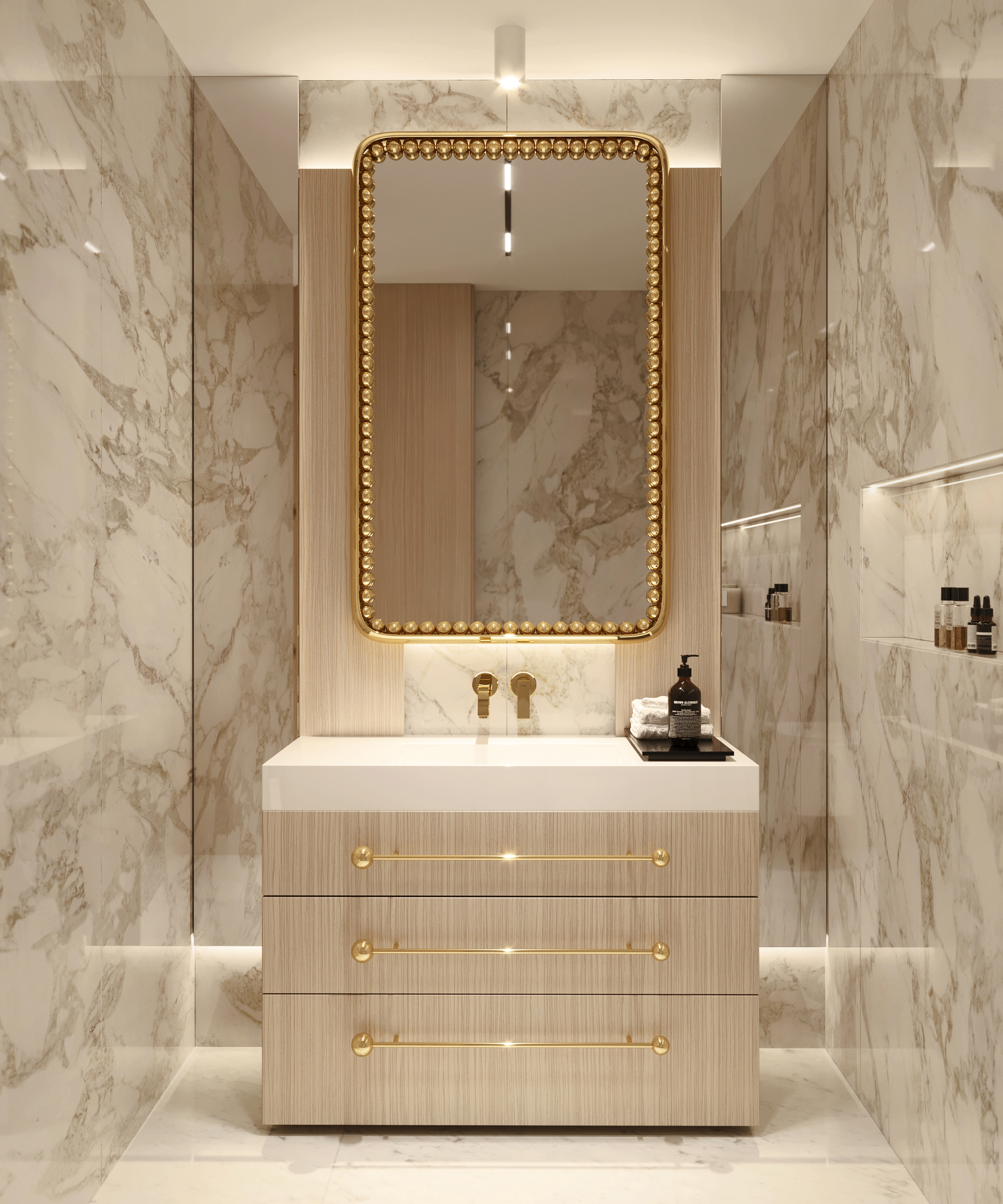 Room with marbled walls and a large cabinet/mirror/sink