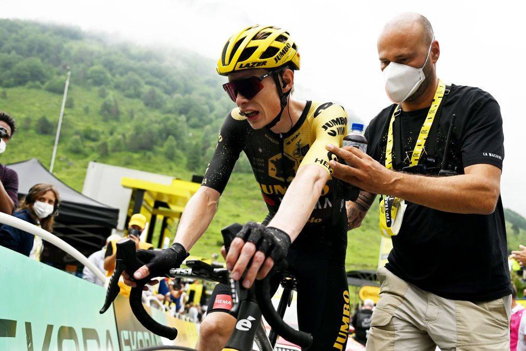 CAUTERETSCAMBASQUE FRANCE JULY 06 Jonas Vingegaard of Denmark and Team JumboVisma crosses the finish line during the stage six of the 110th Tour de France 2023 a 1449km stage from Tarbes to CauteretsCambasque 1355m UCIWT on July 06 2023 in CauteretsCambasque France Photo by David RamosGetty Images