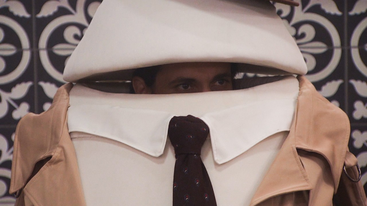 Vince hiding in his egg suit.