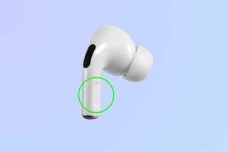 An AirPods Pro earbud with the force sensor highlighted