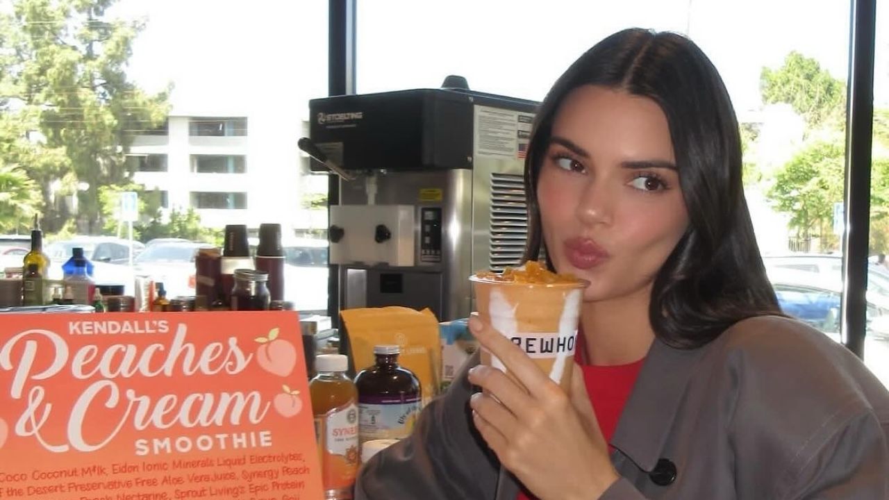 Kendall Jenner with her Peaches &amp; Cream Erewhon smoothie May 2024