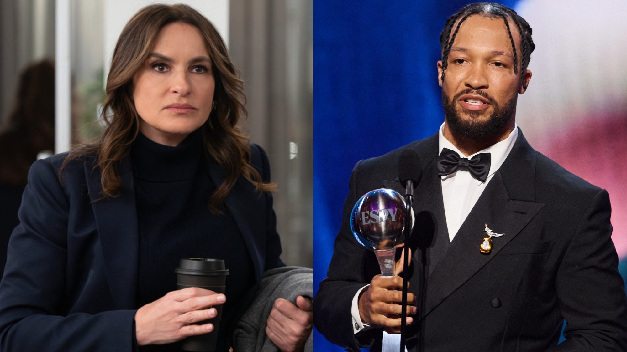 From left to right: Mariska Hargitay holding a coffee cup and a coat in Law and Order: SVU and Jalen Brunson holding an ESPY. 