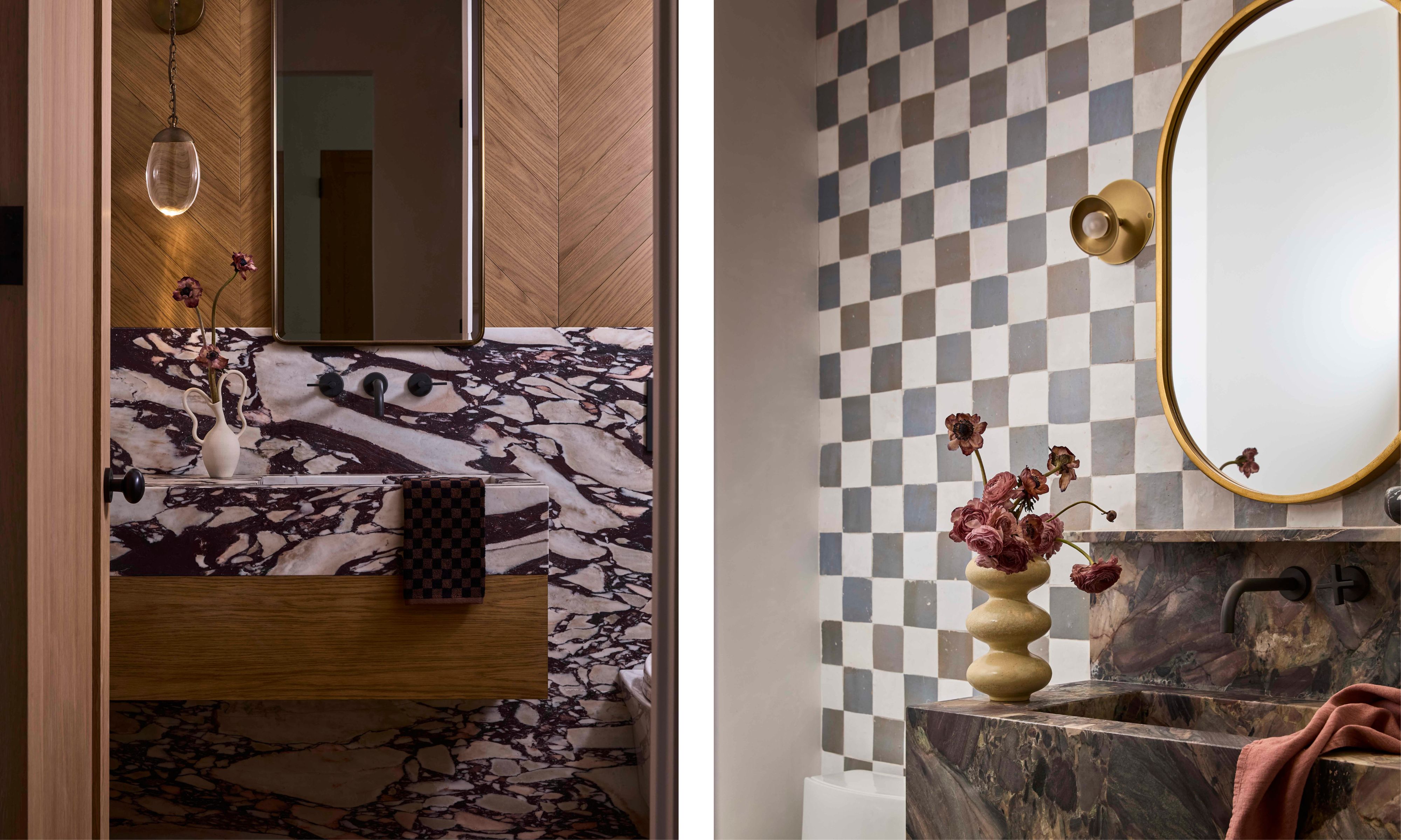 two side by side images of two different powder bathrooms with statement stone and checkered tile