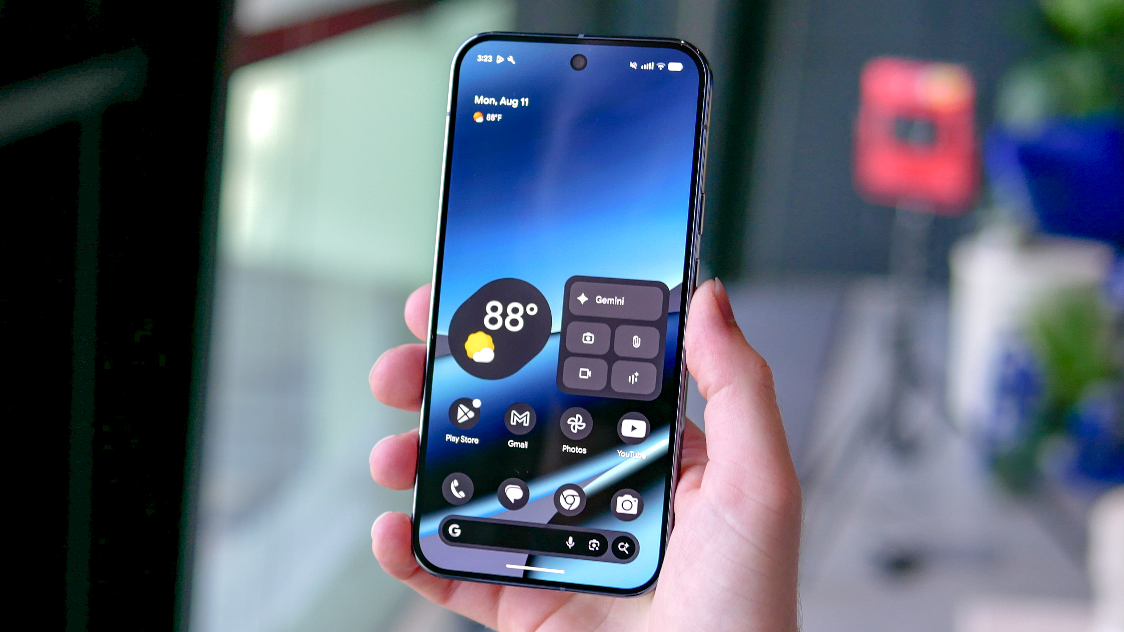 Google Pixel 10 Pro XL showing home screen while held in the hand.