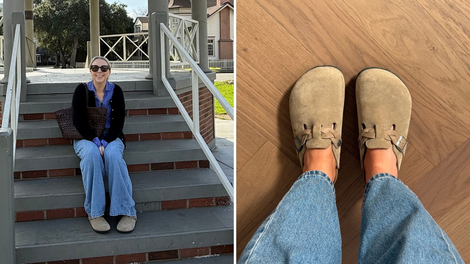 Two images of Caroline Parr wearing Birkenstock Boston clogs