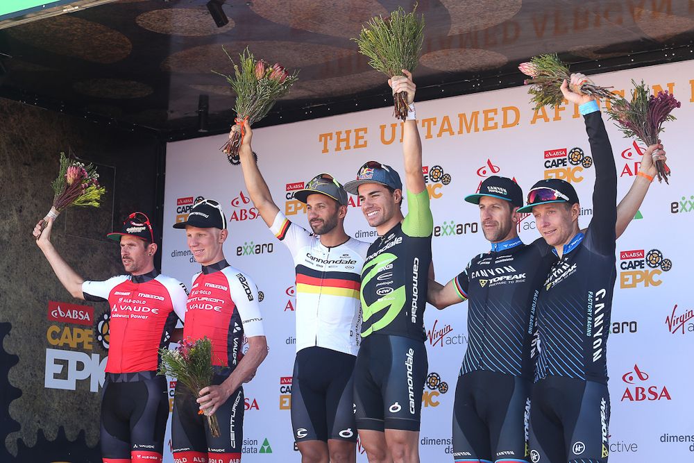 Fumic and Avancini on the stage 2 podium at Cape Epic