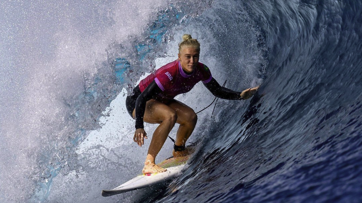 Tatiana Weston-Webb of Team Brazil rides a wave all the way into the women&#039;s surfing final at the Paris Olympics 2024